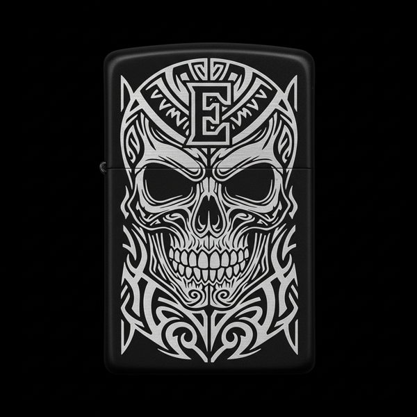 Benzinli Çakmak Kuru Kafa Figürlü E Harfli Tasarım - V61 - Image 1