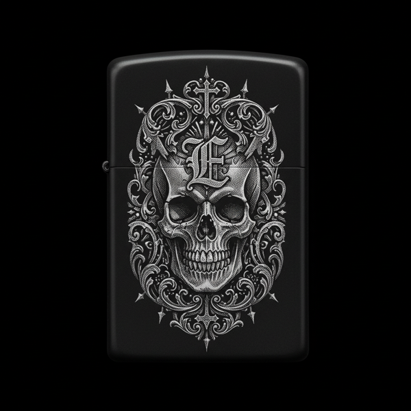 Benzinli Çakmak Kuru Kafa Figürlü E Harfli Tasarım - V44 - Image 1