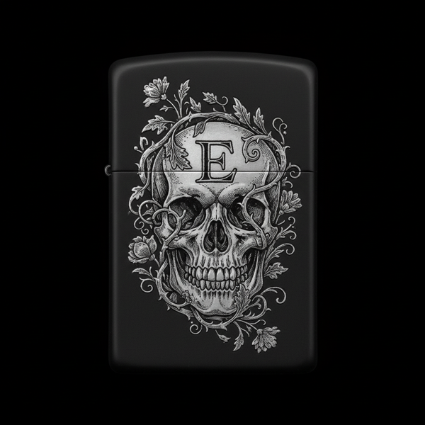 Benzinli Çakmak Kuru Kafa Figürlü E Harfli Tasarım - V45 - Image 1