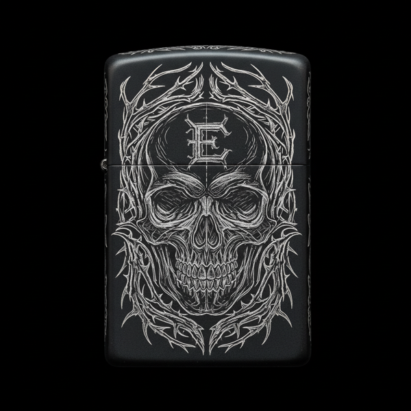 Benzinli Çakmak Kuru Kafa Figürlü E Harfli Tasarım - V71 - Image 1