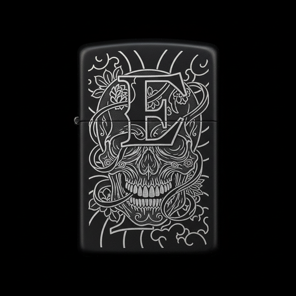 Benzinli Çakmak Kuru Kafa Figürlü E Harfli Tasarım - V23 - Image 1