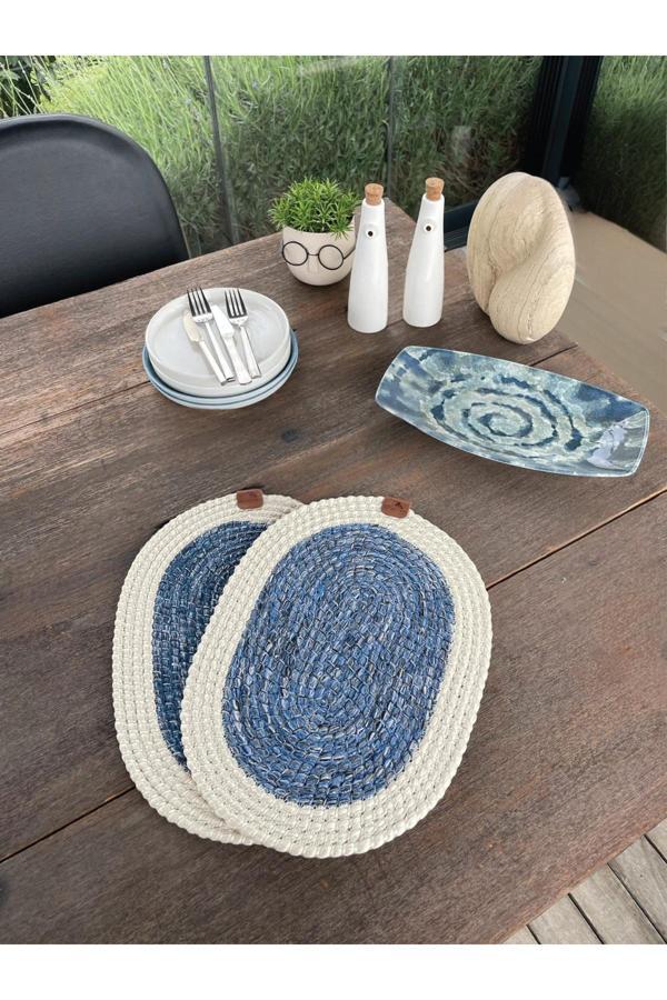Home İnn Bohem Tarz 2’Li Doğal İp Amerikan Servis – Hasır Görünümlü, Leke Tutmaz, Beyaz-Mavi (40X28 Cm) - Image 1