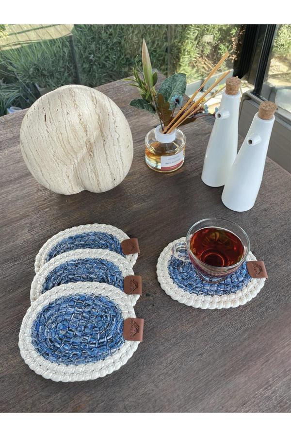 Home İnn 4 Adet Oval Kılfılı Bardak Altlığı- Leke Tutmaz- Beyaz-Mavi 13X17 Cm - Image 1