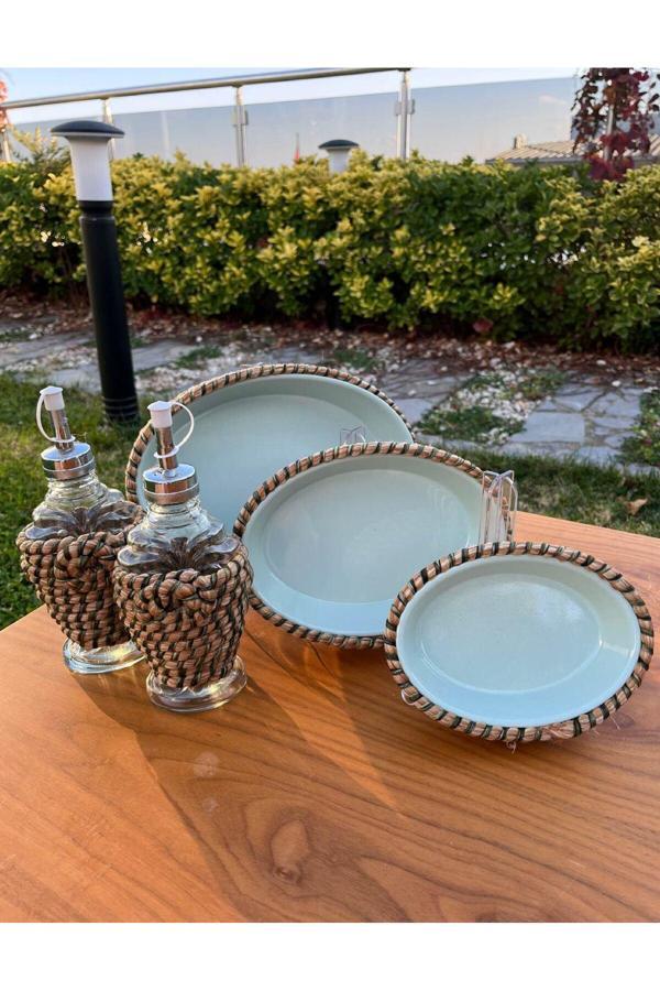 Home İnn Hasır Görünümlü Leke Tutmaz 5’Li Sofra Seti – Yağlık & Sirkelik Dahil El Yapımı Sunum Takımı - Image 1