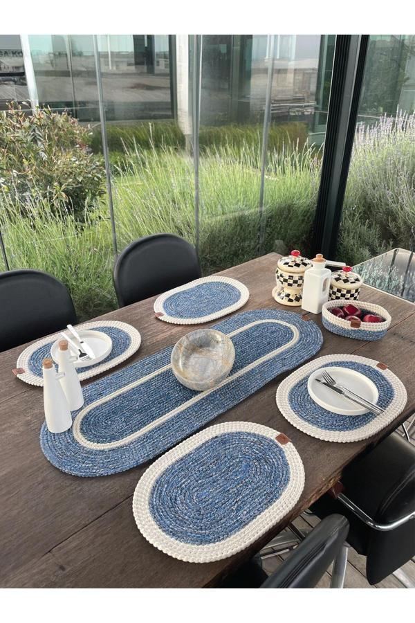 Home İnn Doğal İp - Leke Tutmaz 6’Lı Masa Takımı | 4 Amerikan Servis, 1 Runner, 1 Sepet - Şık Sofra Seti - Image 1