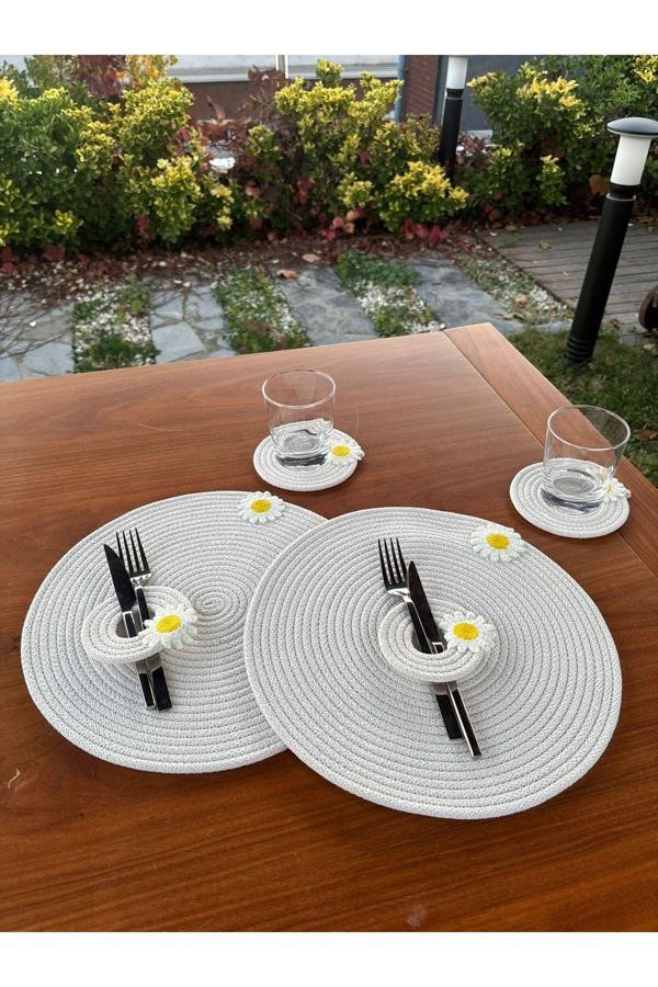 Home İnn El Yapımı Papatya Detaylı Hasır Görünümlü 6 Parça Sunum & Supla Seti – Sofra Sunumu – Beyaz - Image 1