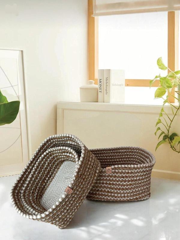 Home İnn 3'Lü Hasır Görünümlü Düzenleyici Sepet - Leke Tutmaz - Kahverengi - Image 1