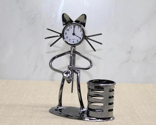 Metal Saksafon Çalan Kedi Müzisyen Saat Ve Kalemlik Alk4343 - Image 1