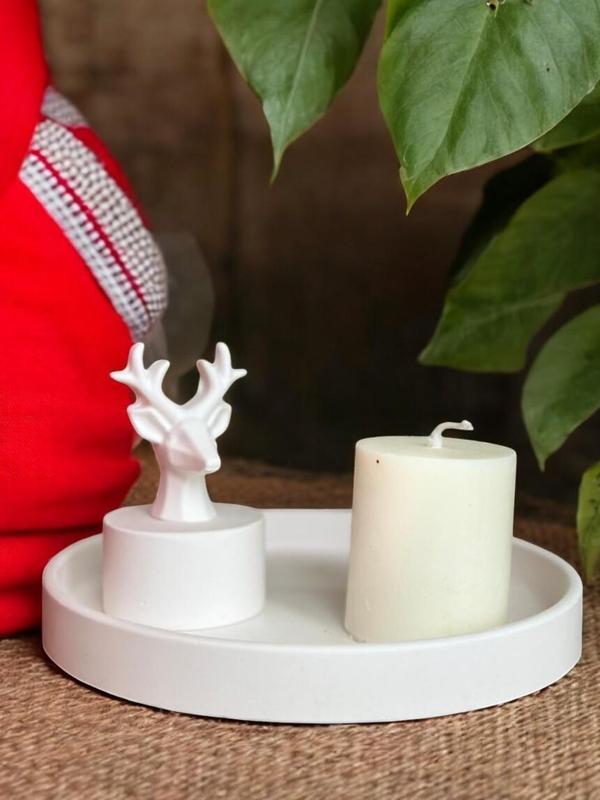 Geyik Heykeli ile Dekoratif Sunumluk Seti, Beyaz Renk Yüksek Kaliteli Malzeme Minimalist Geyik Heykeli ile Set, Ev Dekoru, Masa Dekoru, Anneler Günü, Öğretmenler Günü, Hediyelik - Image 1