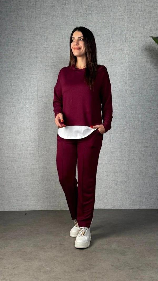 MDB Kadın Uzun Kollu Kapşonlu Bağcıklı Viskon Iki Iplik Bluz Ve Pantolon Ikili Takım - Image 1