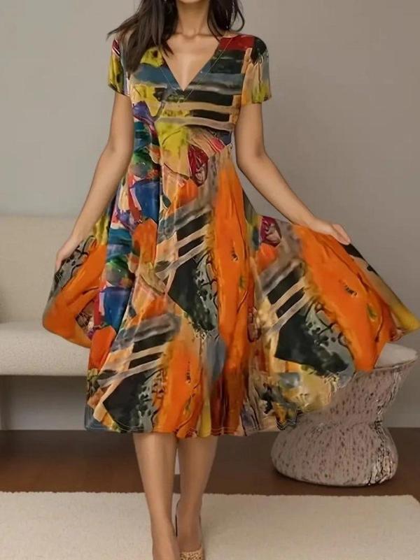 MDB Kadın Kısa Kollu V Yaka Renkli Karışık Desen Kloş Süprem Midi Elbise - Image 1
