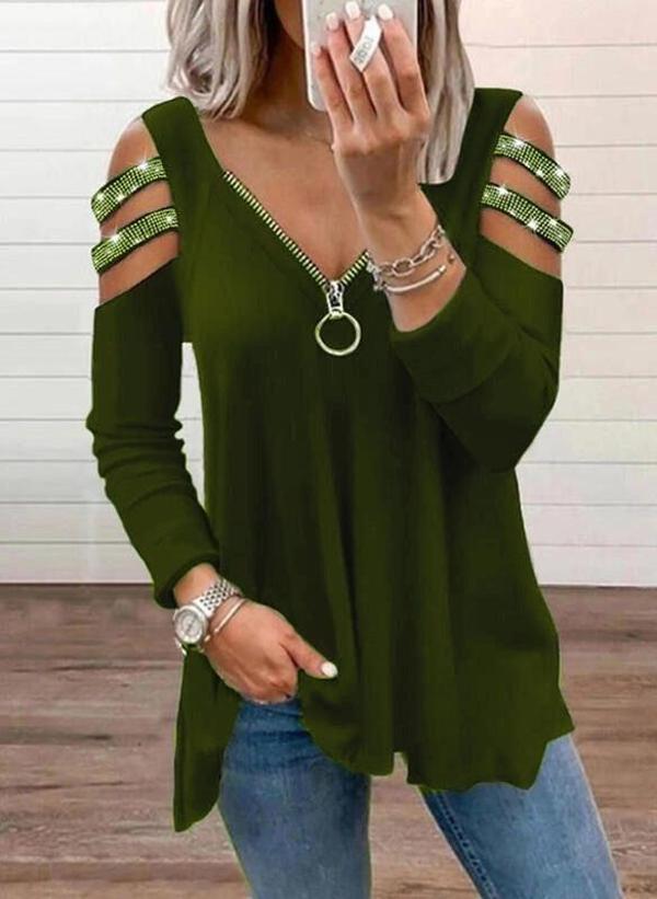 MDB Kadın Haki Kolları Taş Işlemeli Uzun Kol Fermuarlı Viskon Bluz - Image 1