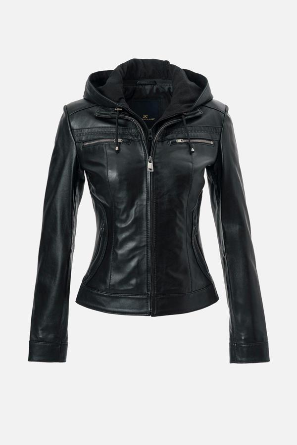 DERİCLUB Harper Kadın Çıkma Deri Kapüşonlu Slimfit Gerçek Deri Mont SİYAH - Image 1