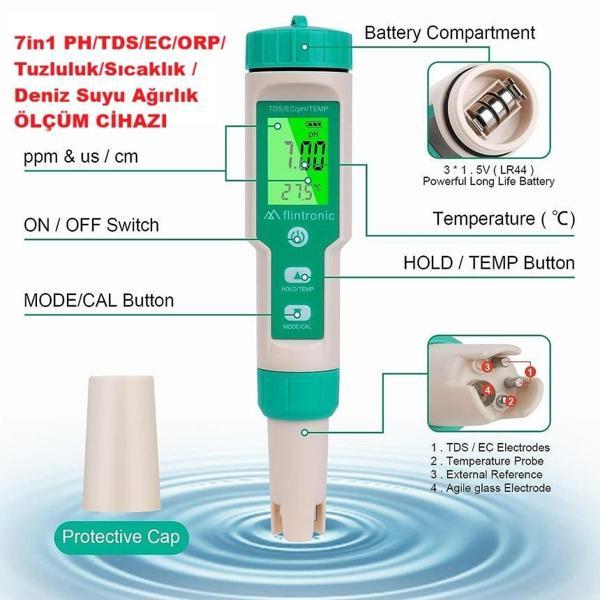 JQ008 PH Ölçer Su Kalitesi - 7in1 PH/TDS/EC/ORP/Tuzluluk/Sıcaklık / Deniz Suyu Ağırlık SU ÖLÇÜM CİHAZI - Image 1