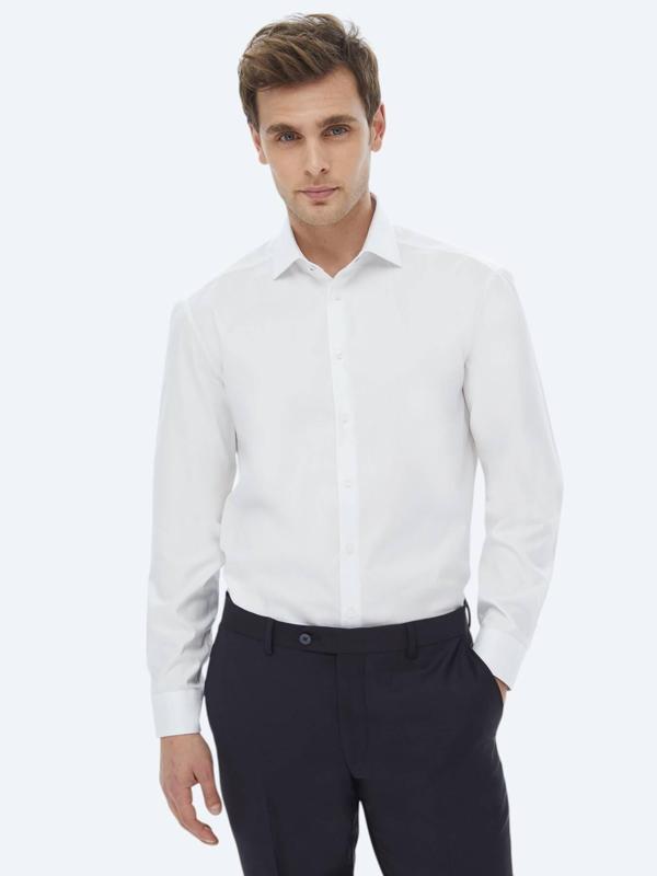 Beyaz Düz Regular Fit Dokuma Klasik %100 Pamuk Gömlek - Image 1