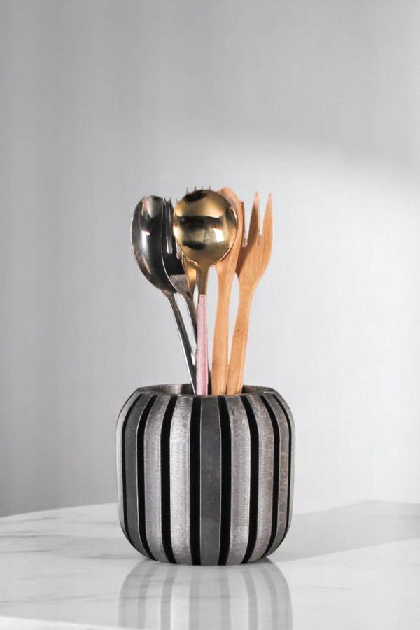 Tezgah Üstü Kaşıklık Dekoratif Dik Kaşıklık Silindir Kaşıklık Gümüş Eskitme Renk Model 79 - Image 1