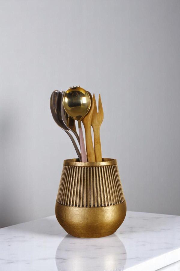 Tezgah Üstü Kaşıklık Dekoratif Dik Kaşıklık Silindir Kaşıklık Altın Renk Model 88 - Image 1