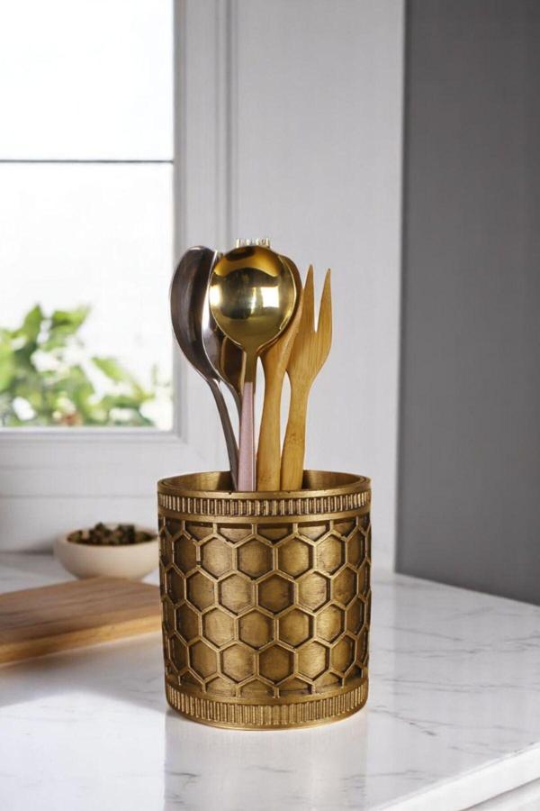 Tezgah Üstü Kaşıklık Dekoratif Dik Kaşıklık Silindir Kaşıklık Altın Eskitme Renk Model 81 - Image 1