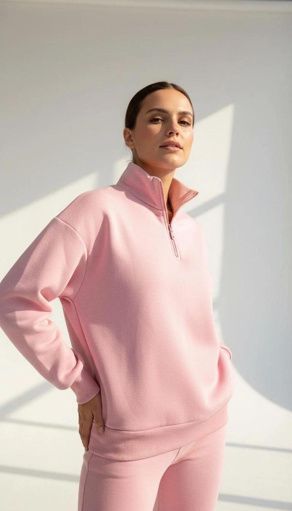 3 iplik Şardonlu yarım fermuarlı sweatshirt somon - Image 1