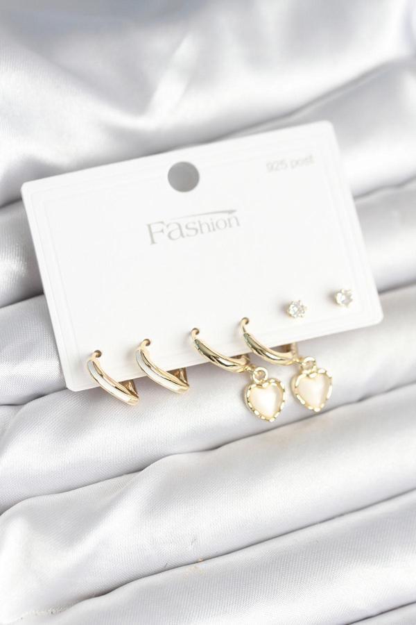 Pirinç Gold Renk Kalp Detaylı 925 Ayar Gümüş Çivili Kadın Küpe Seti - EBJ251010W38084 - Image 1