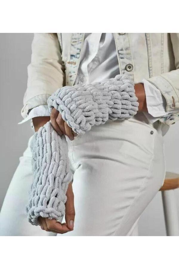 Burden Gri Puffy Eldiven Trend Tasarım El Örmesi Kış Modası İskandinav Tarz Aksesuar Parmaksız - Image 1