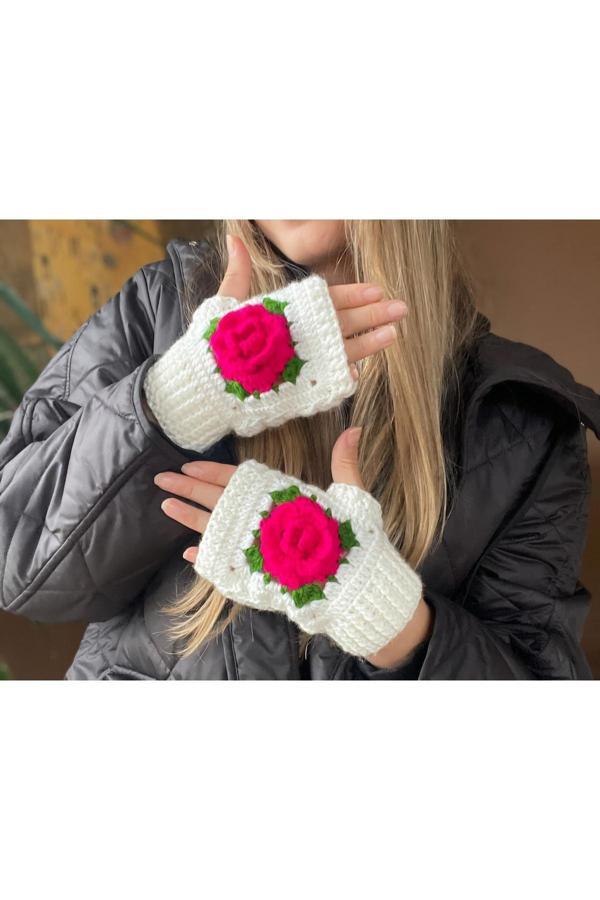 Hobilanka Parmaksız Gül Detaylı Eldiven, El Örgüsü Eldiven , Tığ İşi Eldive - Image 1