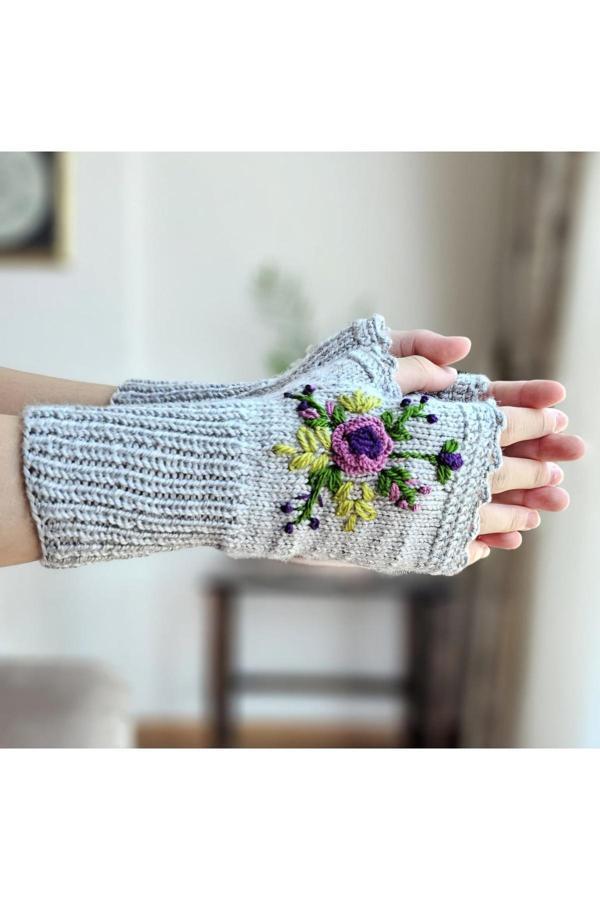 Hobilanka Parmaksız Çiçek İşlemeli Kadın Eldiven, El Örgüsü Eldiven , Tığ İşi Eldive - Image 1