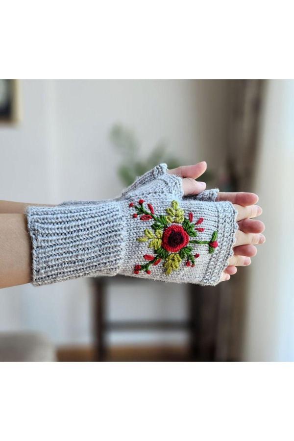 Hobilanka Parmaksız Çiçek İşlemeli Kadın Eldiven, El Örgüsü Eldiven , Tığ İşi Eldive - Image 1