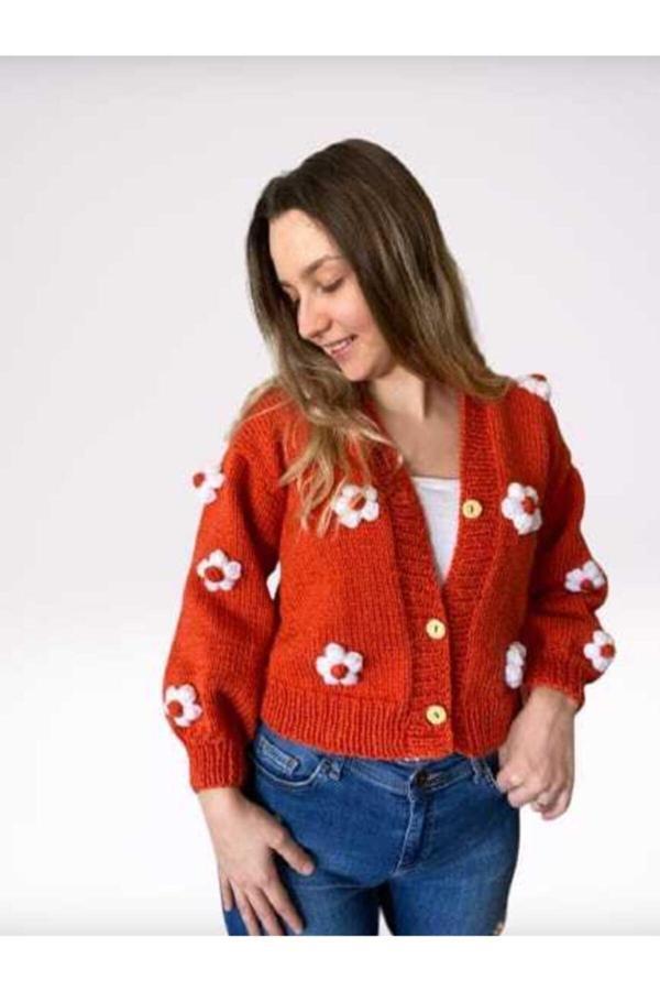 Örgü Dünyası El Örgüsü Çiçekli Hırka - Image 1