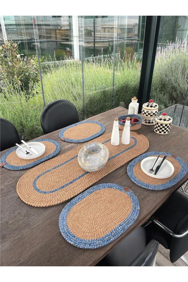 Home İnn Doğal İp - Leke Tutmaz 6’Lı Masa Takımı | 4 Amerikan Servis, 1 Runner, 1 Sepet - Şık Sofra Seti - Image 1