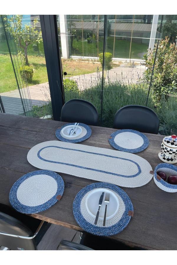 Home İnn Doğal İp - Leke Tutmaz 6’Lı Masa Takımı | 4 Amerikan Servis, 1 Runner, 1 Sepet - Şık Sofra Seti - Image 1