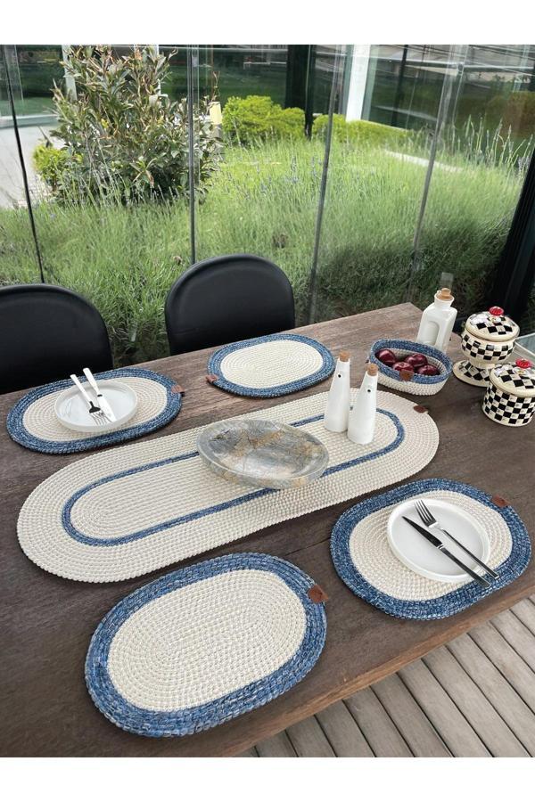 Home İnn Doğal İp - Leke Tutmaz 6’Lı Masa Takımı | 4 Amerikan Servis, 1 Runner, 1 Sepet - Şık Sofra Seti - Image 1