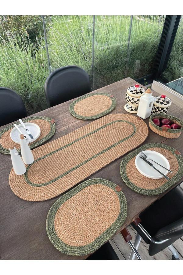 Home İnn Doğal İp - Leke Tutmaz 6’Lı Masa Takımı | 4 Amerikan Servis, 1 Runner, 1 Sepet - Şık Sofra Seti - Image 1