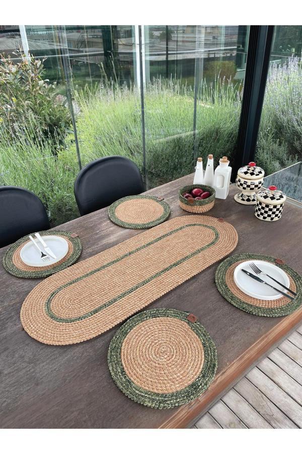 Home İnn Doğal İp - Leke Tutmaz 6’Lı Masa Takımı | 4 Amerikan Servis, 1 Runner, 1 Sepet - Şık Sofra Seti - Image 1