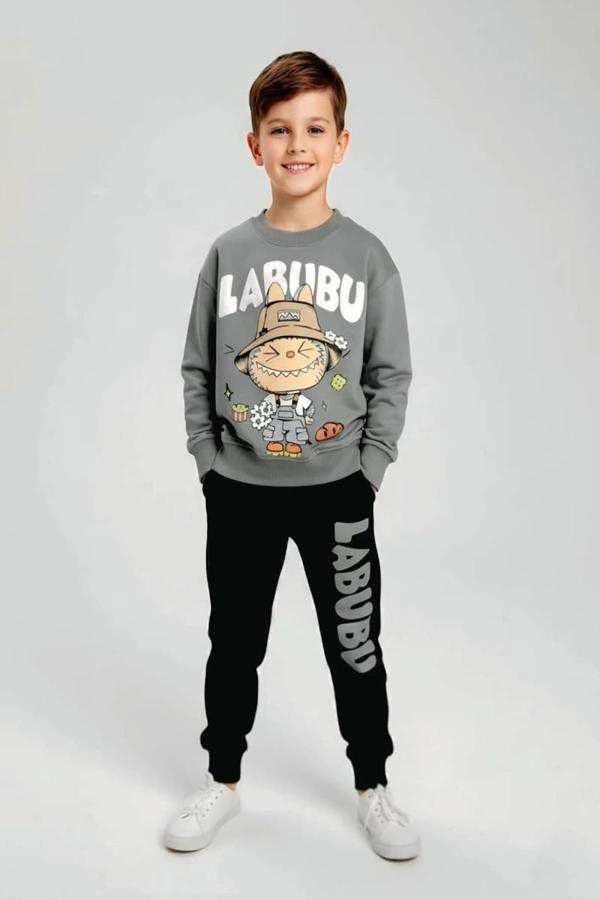 Labubu Desenli Erkek Çocuk Gri Renk Eşofman Takım - Image 1