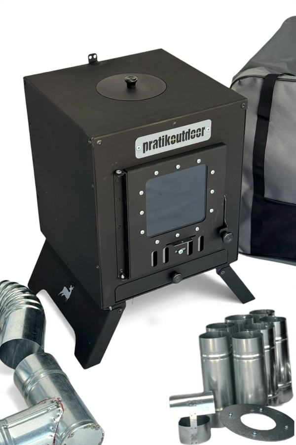 Kare Kamp ve Çadır Sobası – Katlanır Ayaklı, Borulu ve Büyük Camlı Odun Sobası Seti, Taşıma Çantalı - Image 1