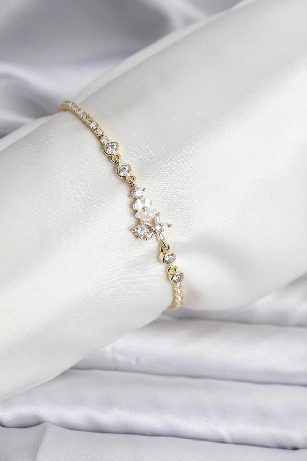 Çiçekli Model Zirkon Taşlı Gold Renk Su Yolu Kadın Bileklik - Image 1