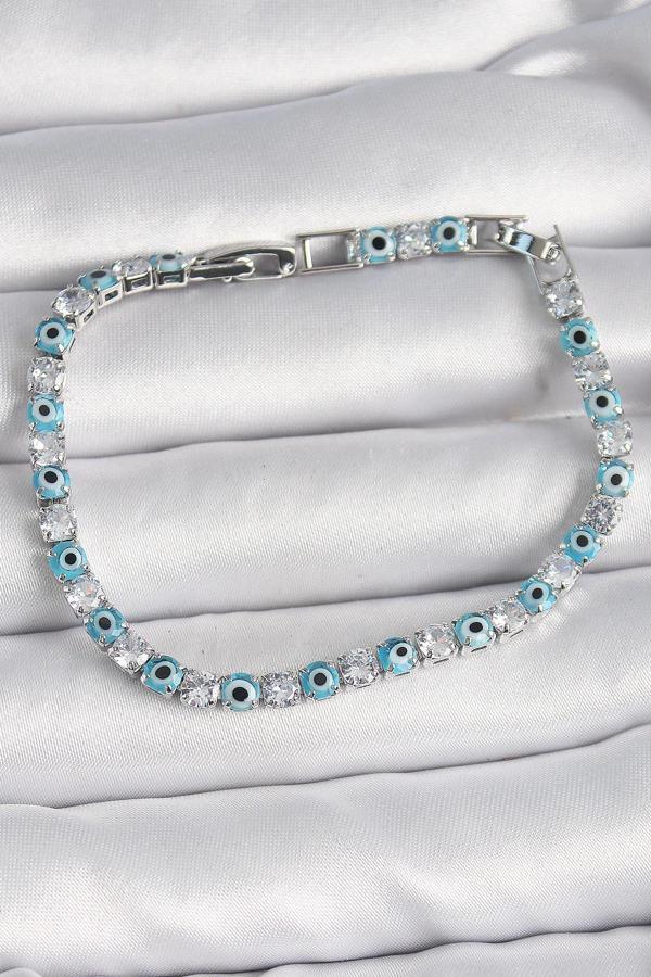 Pirinç Gümüş Renk Su Yolu Zirkon Taşlı Nazar Boncuklu Kadın Bileklik - Image 1