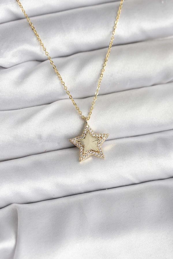 Pirinç Gold Renk Zincirli Yıldızlı Model Kadın Kolye - Image 1