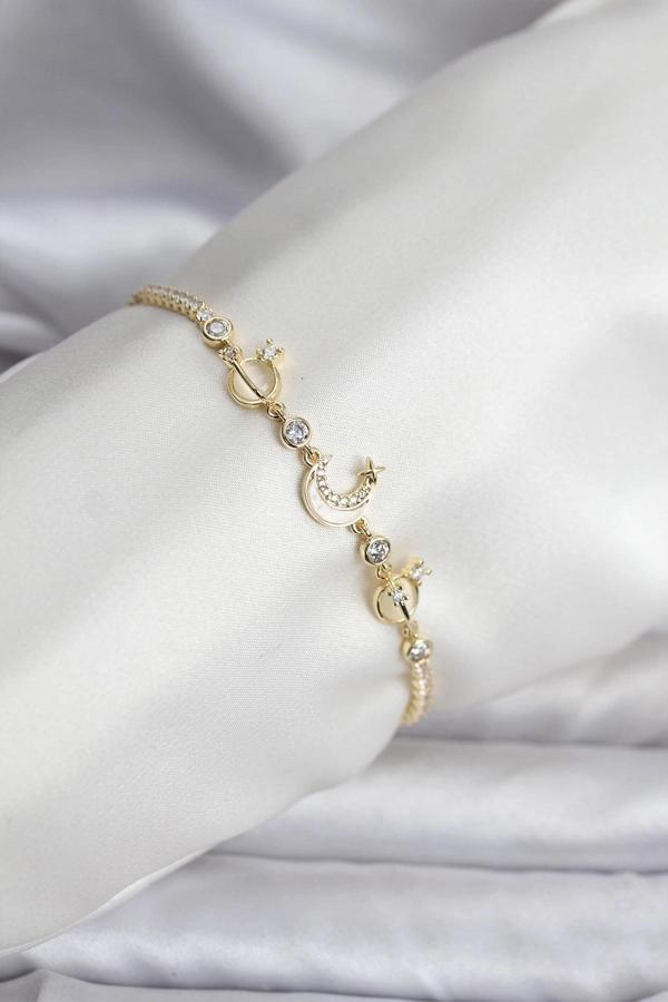 Charmlı Model Zirkon Taşlı Gold Renk Su Yolu Kadın Bileklik - Image 1