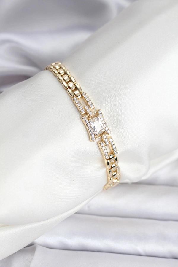14K Gold Renk Kaplama Zirkon Kare Taşlı CM Kadın Bileklik - Image 1