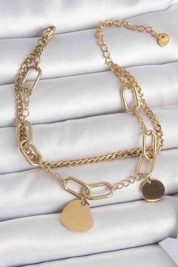 316L Çelik Gold Renk 2'Li Zincir Model Sallantı Kalp Figür Kadın Bileklik - Image 1