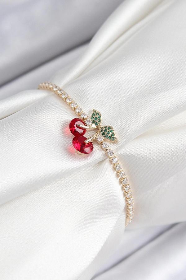 Pirinç Zirkon Taşlı Kiraz Model Gold Renk Asansörlü Kadın Bileklik - Image 1