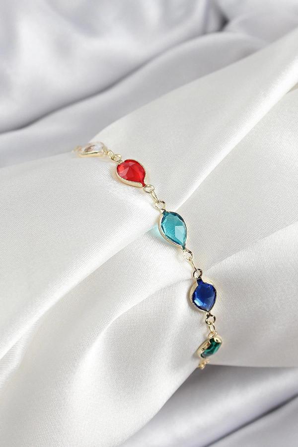 Pirinç Gold Renk Karışık Renk Damla Zirkon Taşlı Kadın Bileklik - Image 1