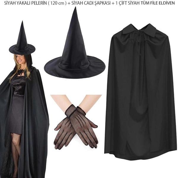 120 Cm Siyah Yakalı Cadı Pelerini Cadı Şapkası Ve 1 Çift Siyah Kısa File Tüm Eldiven Seti 3 Parça - Image 1