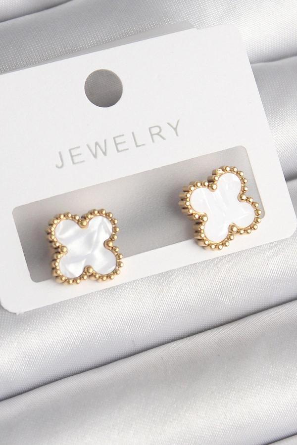 316L Çelik Gold Renk Beyaz Minelik Yonca Model Kadın Küpe - Image 1