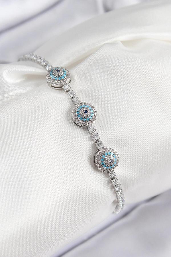 Pirinç Zirkon Taşlı Nazar Model Gümüş Renk Kadın Bileklik - Image 1