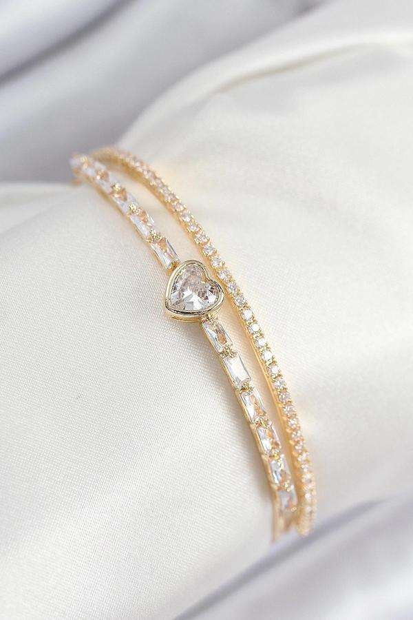 Pirinç Zirkon Taşlı Kalp Model Gold Renk Kadın Bileklik - Image 1