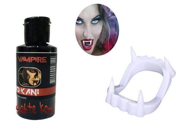 Beyaz Renk Çift Damak Takma Vampir Dişi Ve 50 Gr Tiyatro Kanı - Image 1