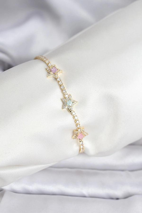 Renkli Yıldız Model Zirkon Taşlı Gold Renk Pirinç Su Yolu Kadın Bileklik - Image 1